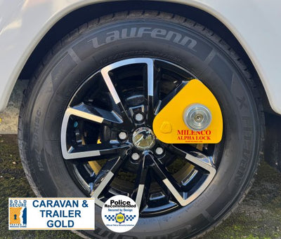 NEW Milenco Alpha Caravan Universal Wheel Lock Gold Diamond - Sold Secure Insurance Approved