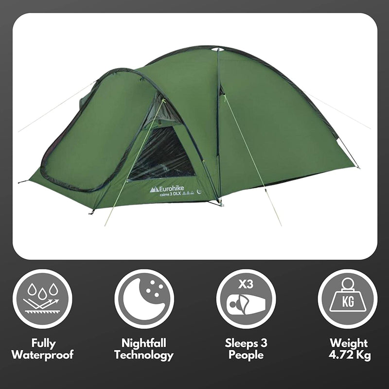 Eurohike Cairns 3 Dlx Nightfall Tent with NightfallTM Darkened Bedroom, Large 3 Man tent, 3 Person Dome Tent